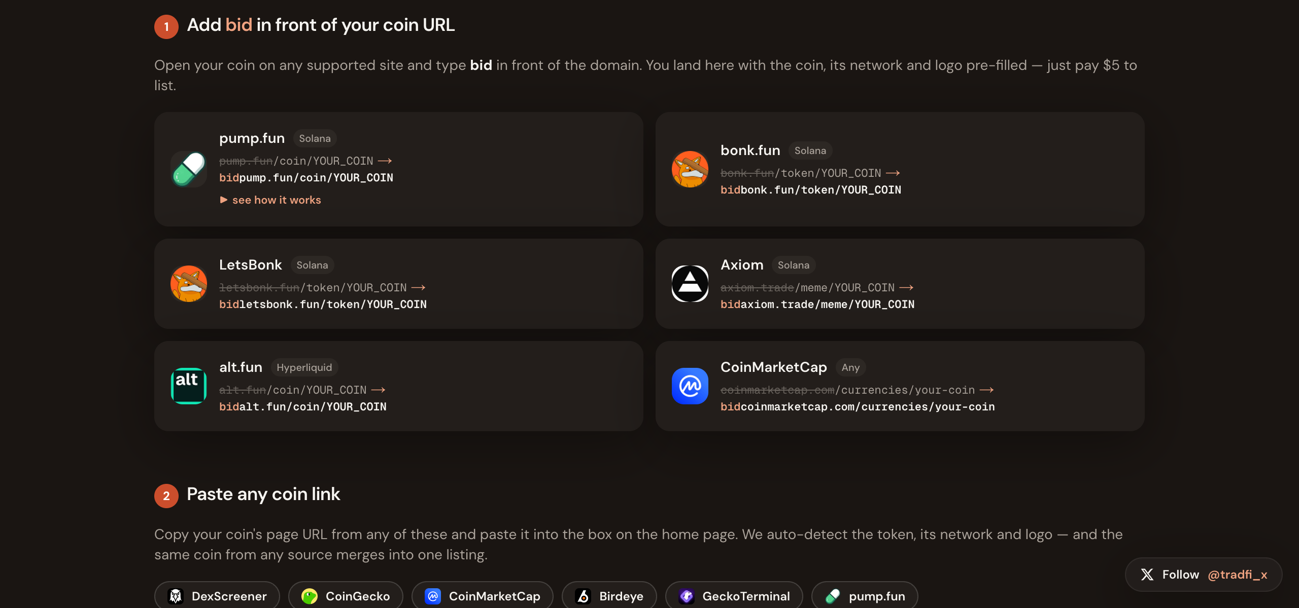 The core mechanic: add bid to a coin's URL on any supported site and it lands on bidfun.lol pre-filled — token, network and logo detected automatically.