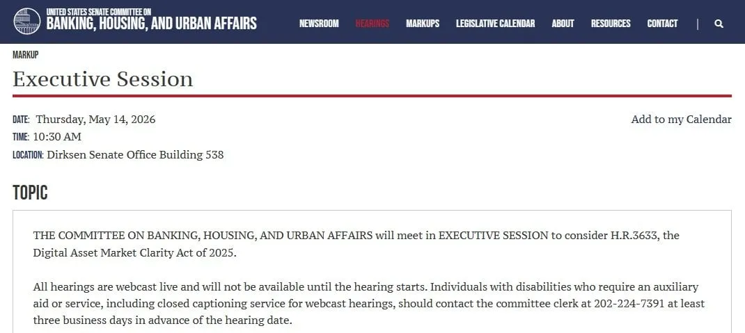 CLARITY Act Markup: Senate Banking Sets May 14 Crypto Rules Session
