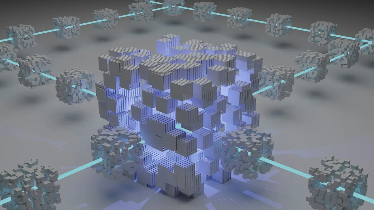 Blocky structures linked by rays of light.