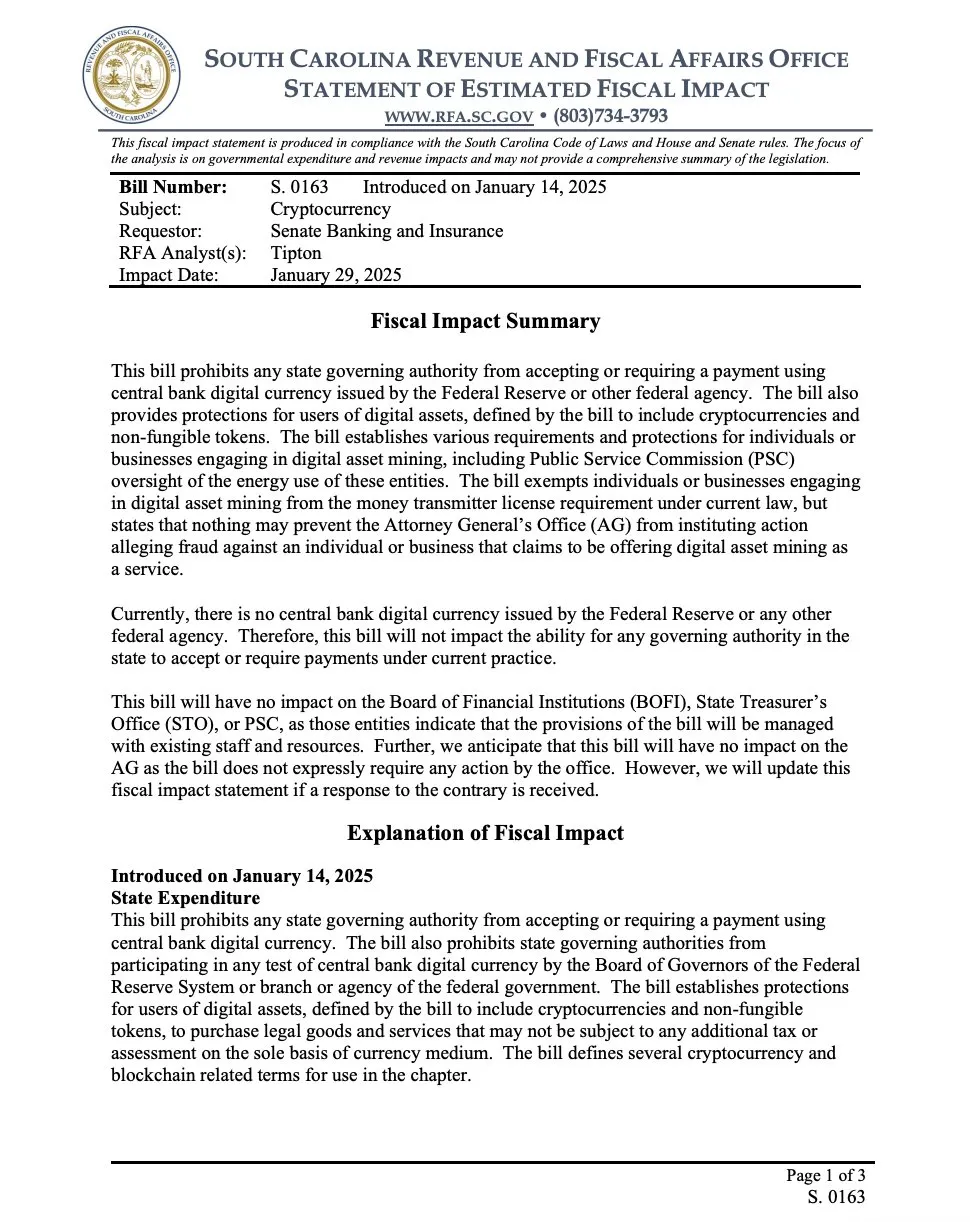 South Carolina Bitcoin mining legislation