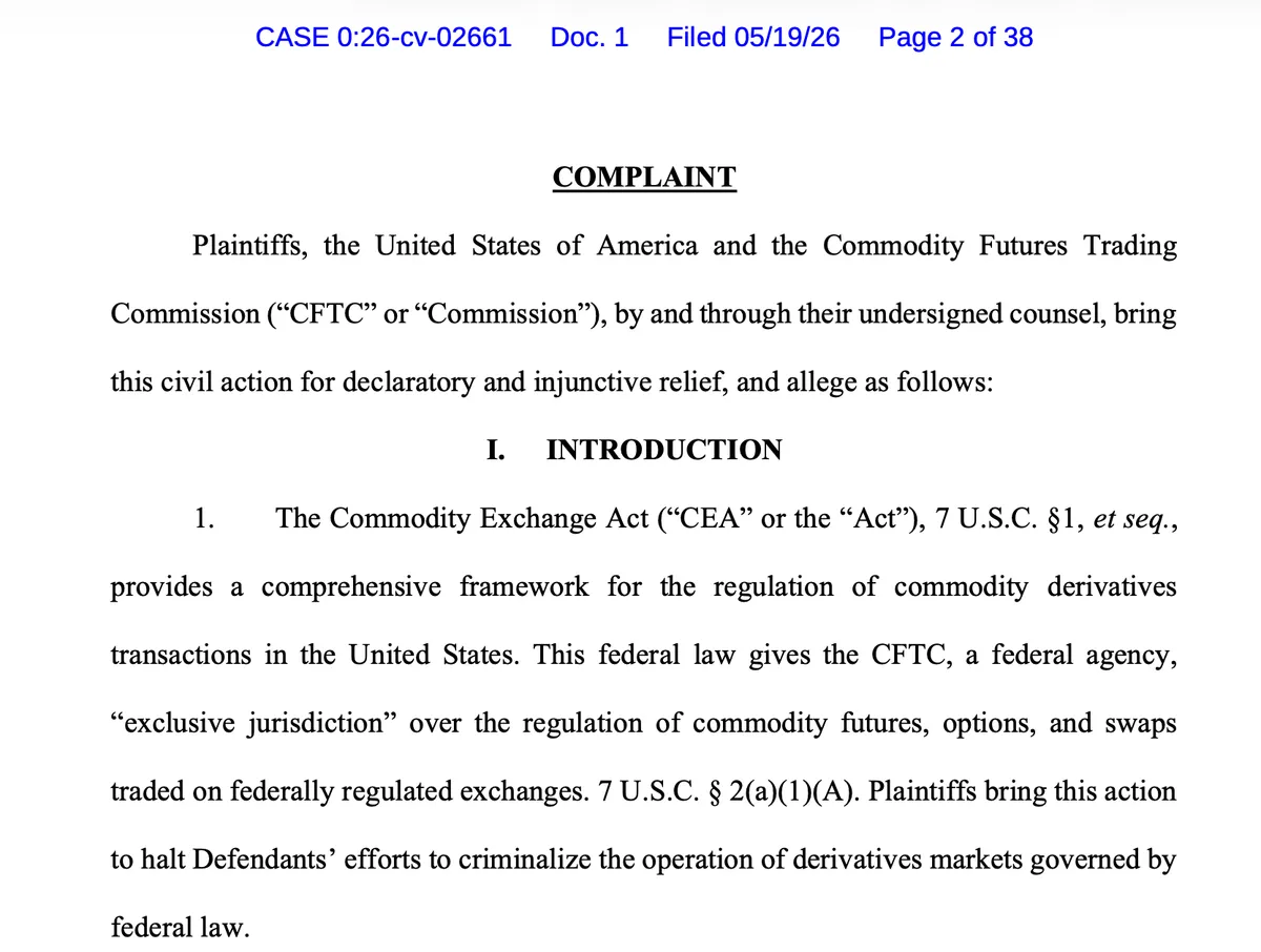 CFTC 미네소타 예측시장 금지법 소송