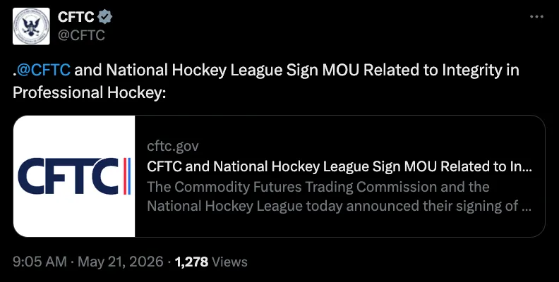 CFTC signs prediction markets MOU with the NHL