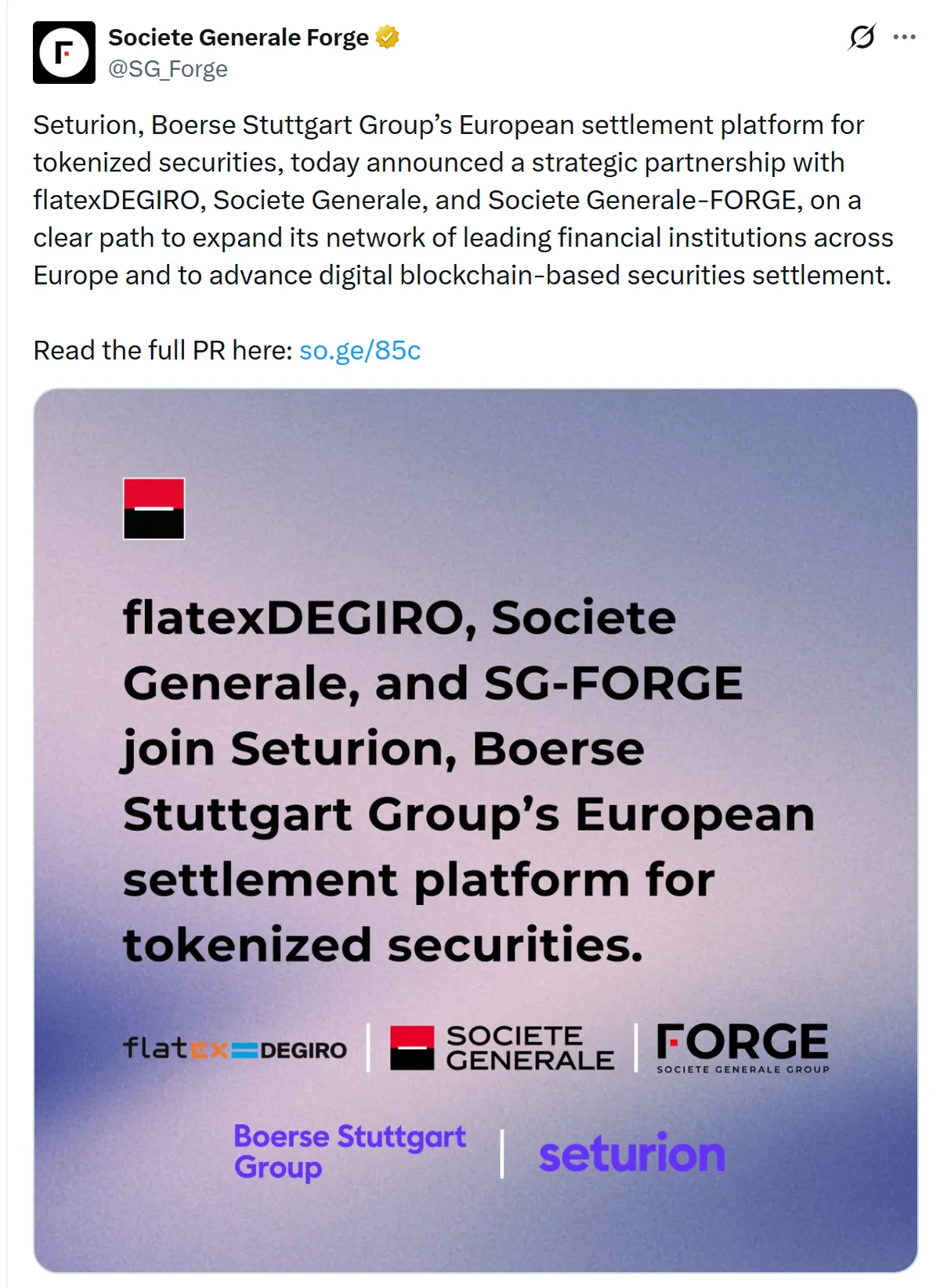 Seturion Societe Generale tokenized settlement Europe