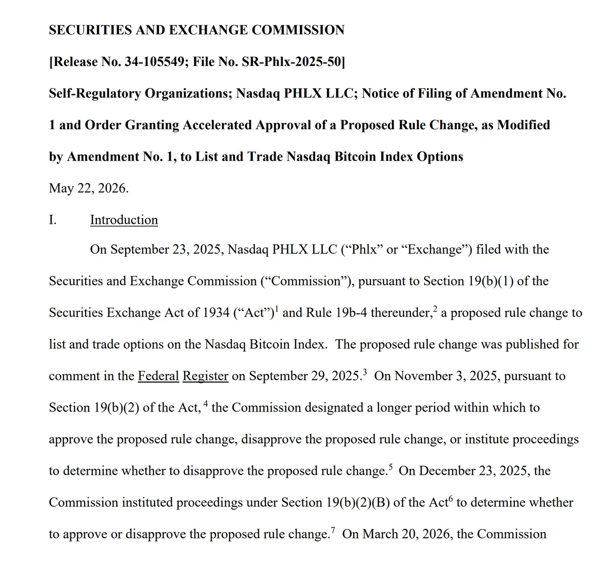 SEC approves Nasdaq Bitcoin index options on Phlx