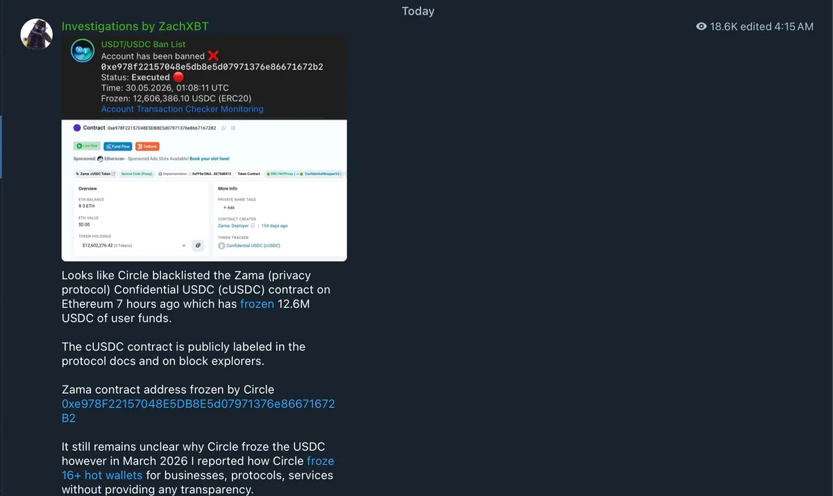 Circle USDC freeze on Zama
