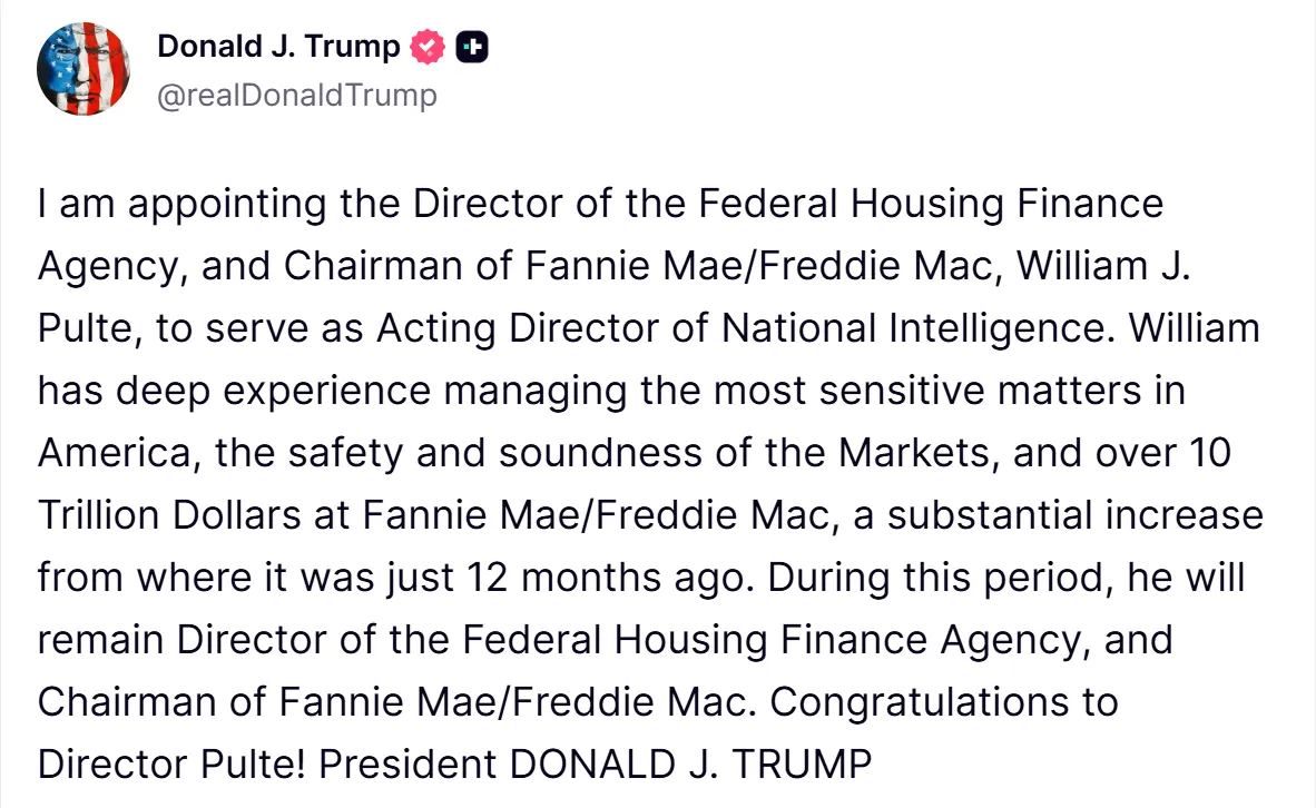 Bill Pulte named Acting DNI