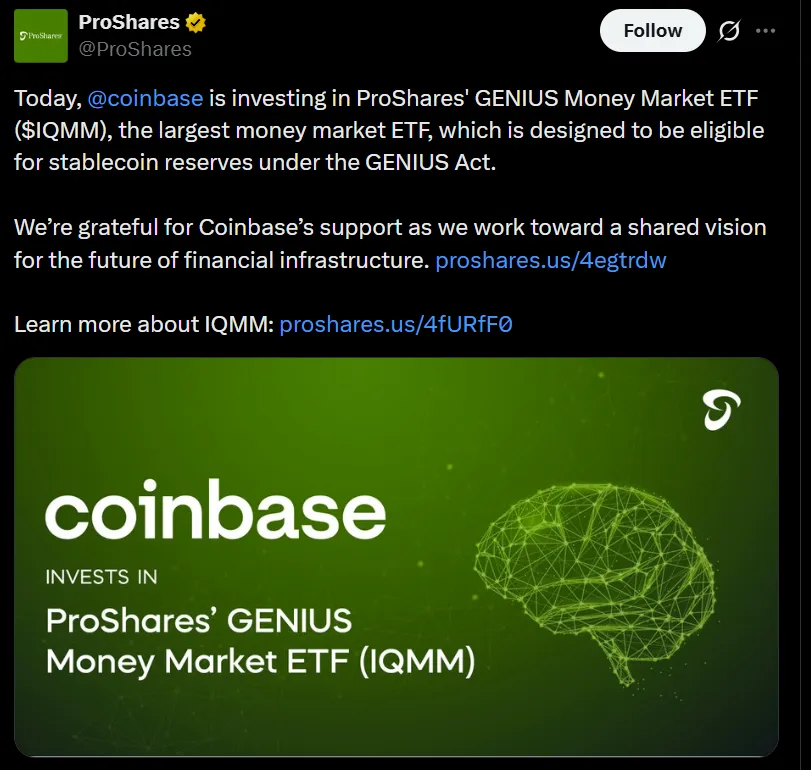 Coinbase invests in ProShares IQMM ETF
