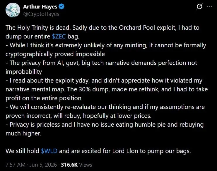 Tweet discussing Arhtur Hayes' ZEC liquidation