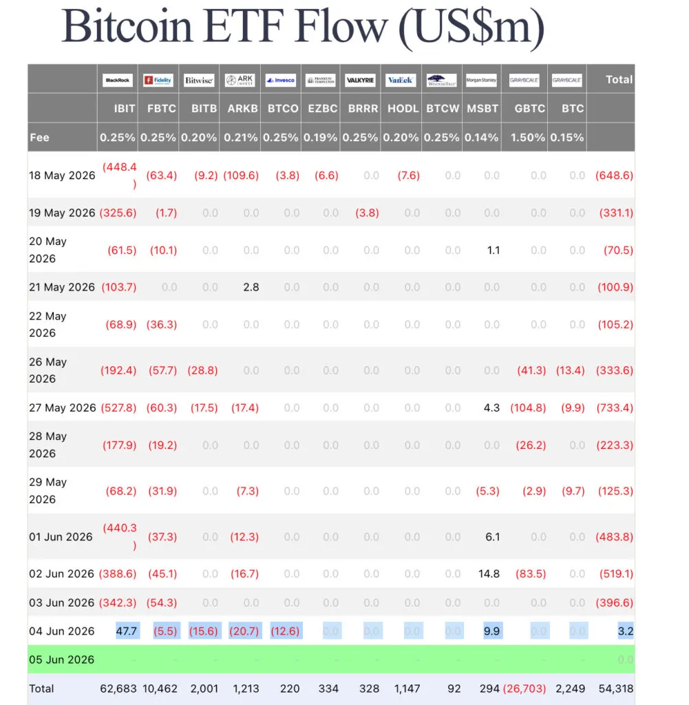 Table titled Bitcoin ETF Flow (US$m) listing daily ETF net flows (in US$ millions) for multiple bitcoin funds, with dates 18 May–04 Jun 2026, many red (outflow) values, and a final total column.