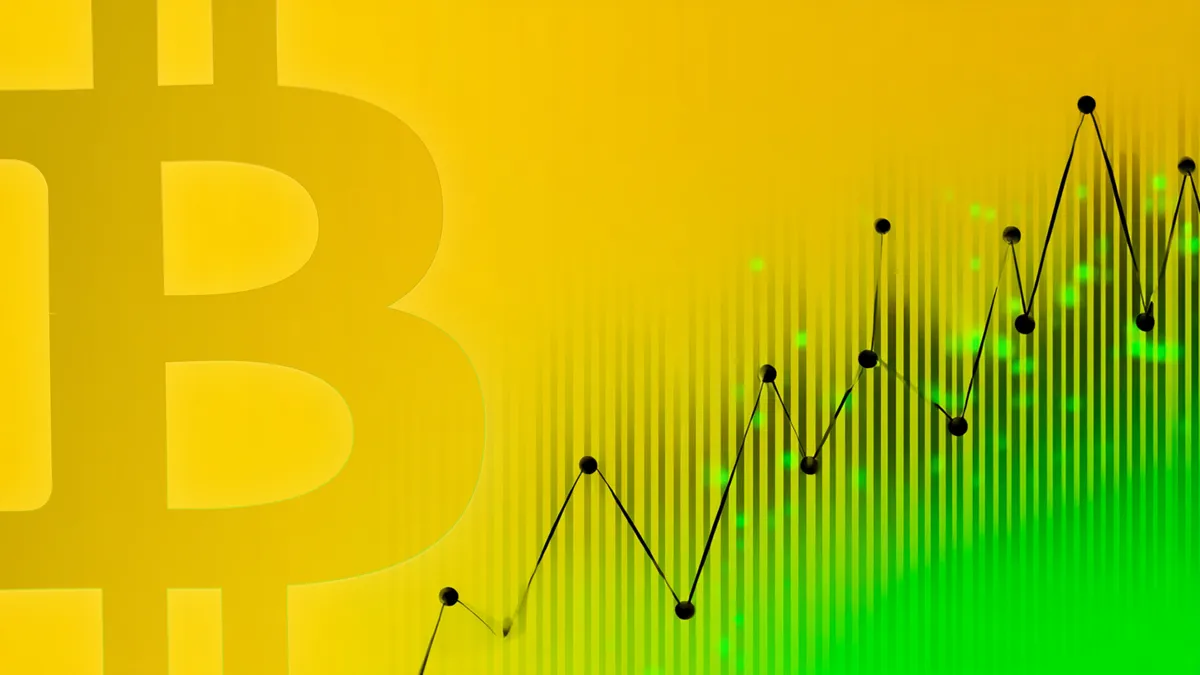 Bitcoin symbol alongside a rising chart.
