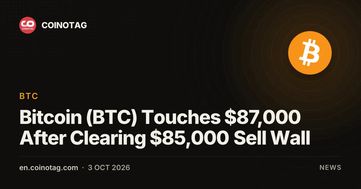Bitcoin (BTC) Touches $87,000 After Clearing $85,000 Sell Wall