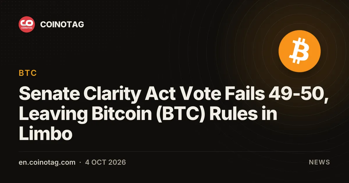 Senate Clarity Act Vote Fails 49-50, Leaving Bitcoin (BTC) Rules in Limbo