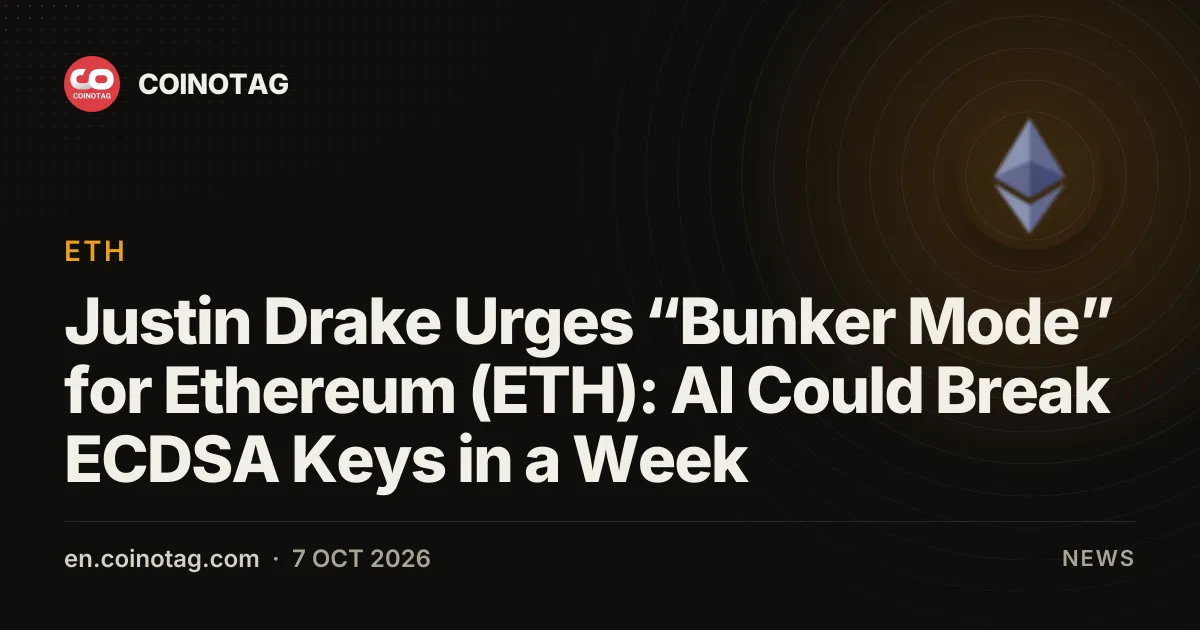 Justin Drake Urges “Bunker Mode” for Ethereum (ETH): AI Could Break ECDSA Keys in a Week