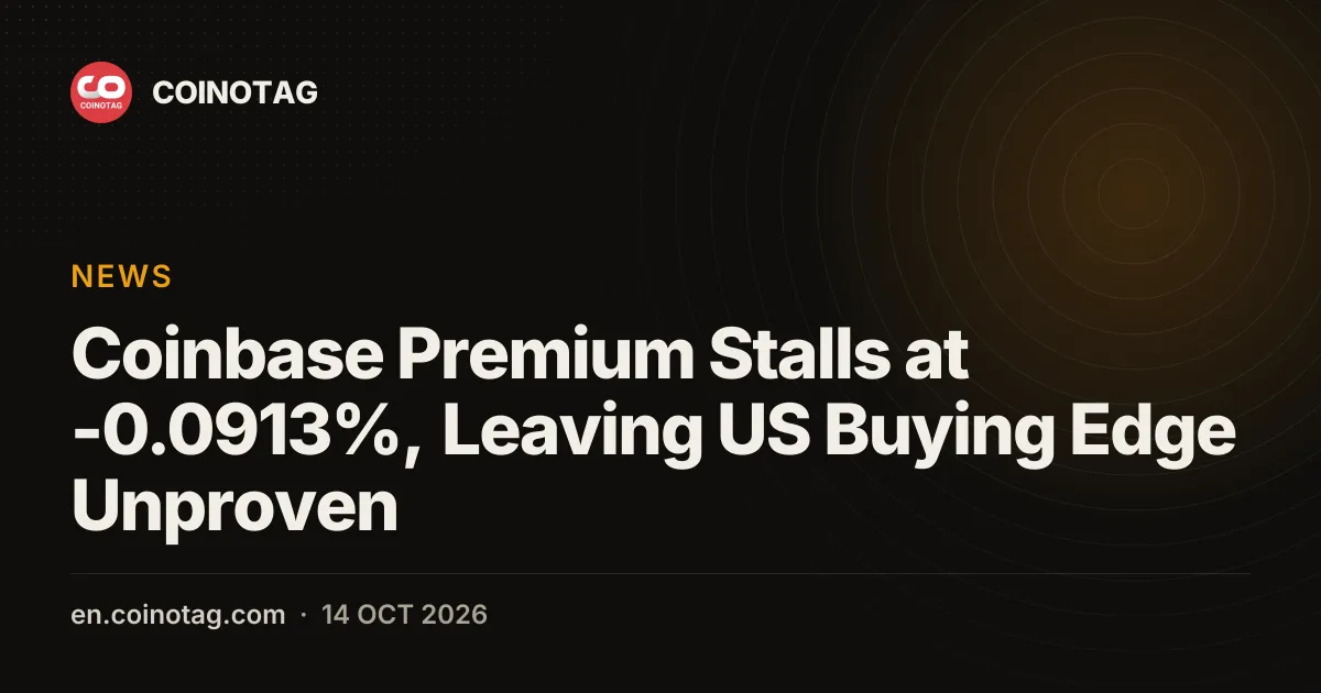 Coinbase Premium Stalls at -0.0913%, Leaving US Buying Edge Unproven