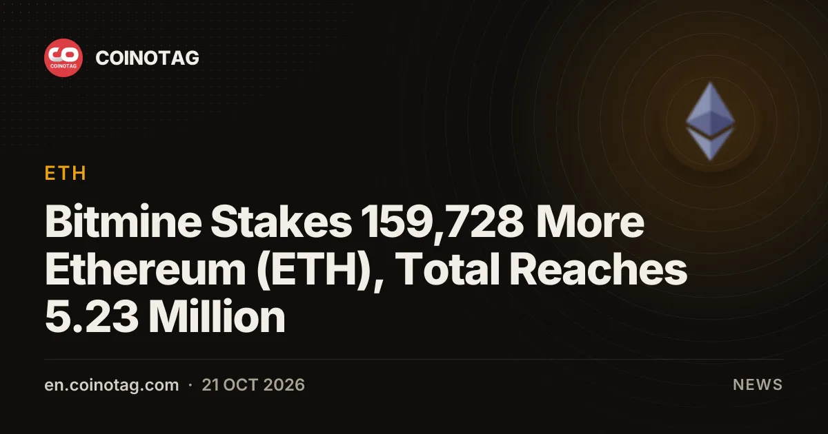 Bitmine Stakes 159,728 More Ethereum (ETH), Total Reaches 5.23 Million