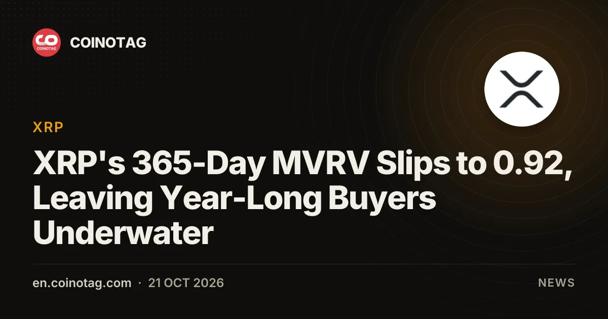 XRP's 365-Day MVRV Slips to 0.92, Leaving Year-Long Buyers Underwater