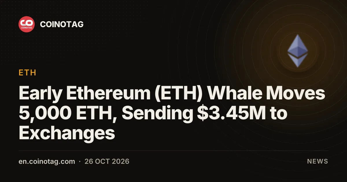 Early Ethereum (ETH) Whale Moves 5,000 ETH, Sending $3.45M to Exchanges