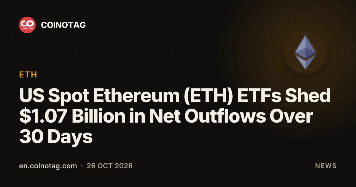 US Spot Ethereum (ETH) ETFs Shed $1.07 Billion in Net Outflows Over 30 Days